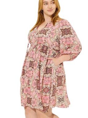 Torrid Womens Mini Tunic Dress Pink Medallion Pockets Gauze Plus 2X